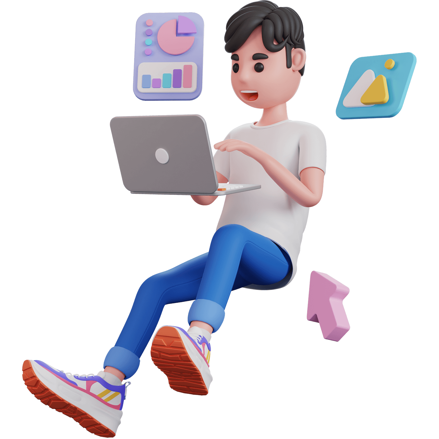 A young man sitting with a laptop, illustrations of multimedia content and graphics floating around him.