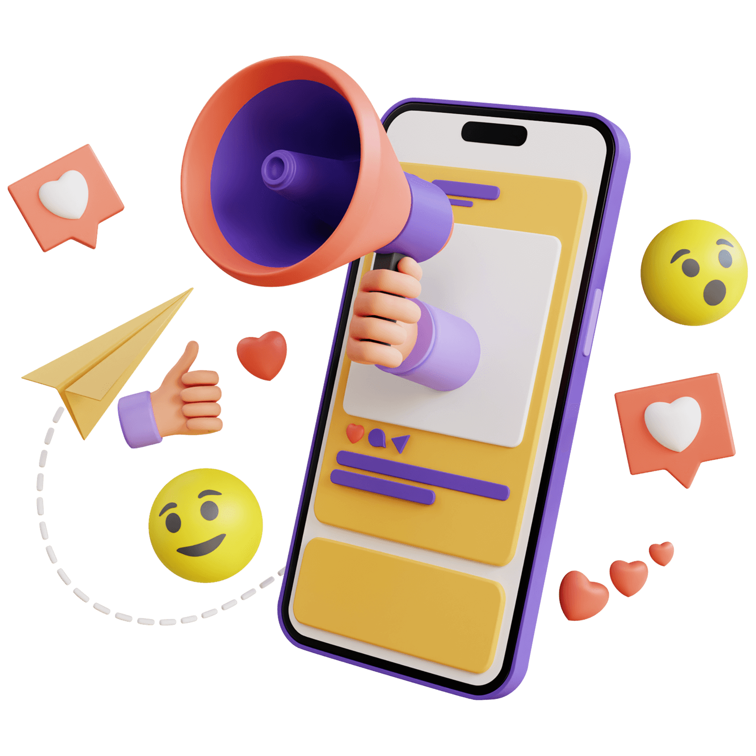 A purple and yellow smartphone depicting a hand with a megaphone coming out of the screen. Emojis portraying reactions, messages, notifications and more floating around it.